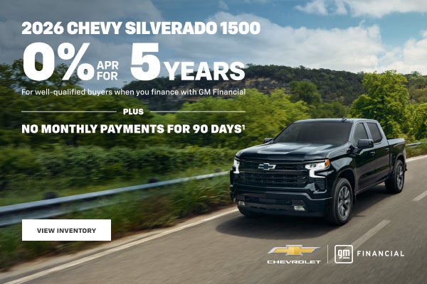 2026 Chevy Silverado 1500. 0% APR for 5 years for well-qualified buyers when you finance with GM ...